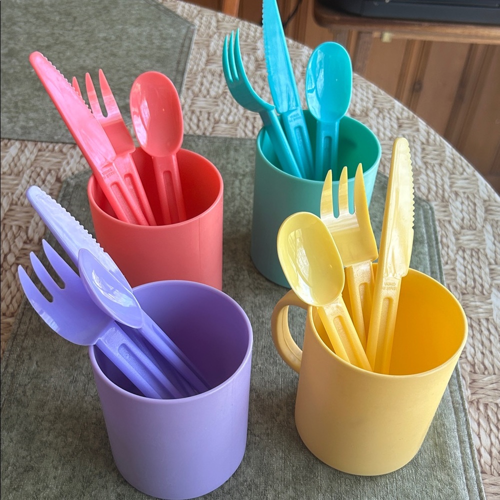 Colorful Plastic Cutlery Set with Cups - Yellow, Teal, Coral, Lavender